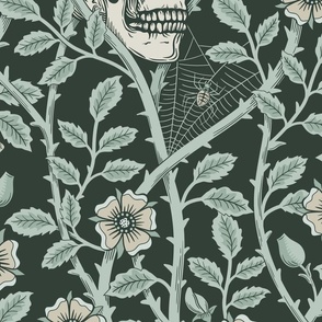 Skulls and climbing rose vines  -block print style, gothic, spooky - monochrome green and neutral - jumbo