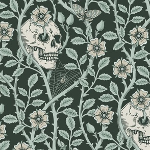 Skulls and climbing rose vines  - block print style, gothic, spooky - monochrome green and neutral - extra large