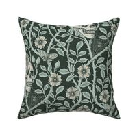 Skulls and climbing rose vines  -block print style, gothic, spooky - monochrome green and neutral - large