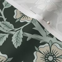 Skulls and climbing rose vines  -block print style, gothic, spooky - monochrome green and neutral - large