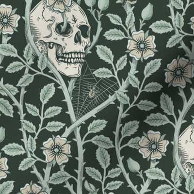 Skulls and climbing rose vines  - block print style, gothic, spooky - monochrome green and neutral - medium