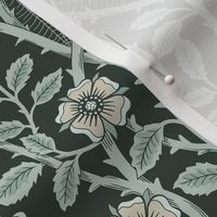 Skulls and climbing rose vines  - block print style, gothic, spooky - monochrome green and neutral - medium