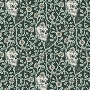 Skulls and climbing rose vines  - block print style, gothic, spooky - monochrome green and neutral - medium
