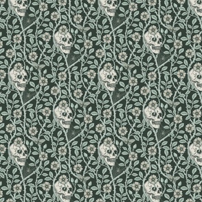 Skulls and climbing rose vines  - block print style, gothic, spooky - monochrome green and neutral - small