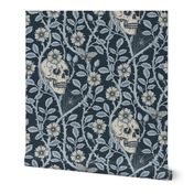 Skulls and climbing rose vines  - block print style, gothic, spooky - monochrome blue and neutral on dark slate blue - jumbo