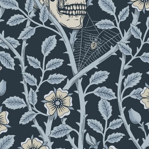 Skulls and climbing rose vines  - block print style, gothic, spooky - monochrome blue and neutral on dark slate blue - jumbo