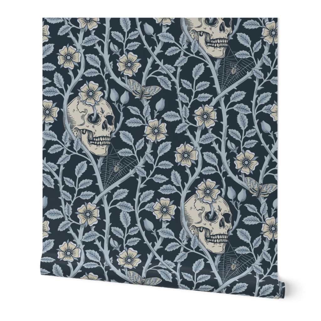 Skulls and climbing rose vines  - block print style, gothic, spooky - monochrome blue and neutral - on dark slate blue  extra large