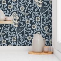 Skulls and climbing rose vines  - block print style, gothic, spooky - monochrome blue and neutral - on dark slate blue  extra large