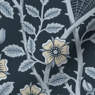 Skulls and climbing rose vines  - block print style, gothic, spooky - monochrome blue and neutral - on dark slate blue  extra large