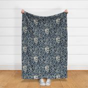 Skulls and climbing rose vines  - block print style, gothic, spooky - monochrome blue and neutral - on dark slate blue  extra large