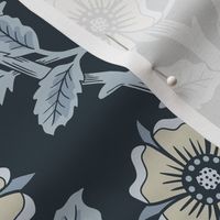 Skulls and climbing rose vines  - block print style, gothic, spooky - monochrome blue and neutral - on dark slate blue  extra large