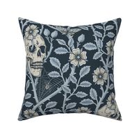 Skulls and climbing rose vines  - block print style, gothic, spooky - monochrome blue and neutral - on dark slate blue  extra large