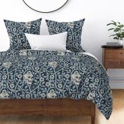 Skulls and climbing rose vines  - block print style, gothic, spooky - monochrome blue and neutral - on dark slate blue  extra large