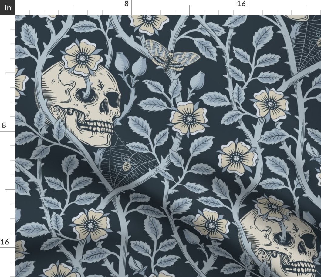 Skulls and climbing rose vines  - block print style, gothic, spooky - monochrome blue and neutral - on dark slate blue  extra large