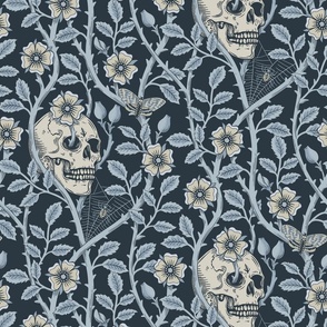 Skulls and climbing rose vines  - block print style, gothic, spooky - monochrome blue and neutral  on dark slate blue -l arge
