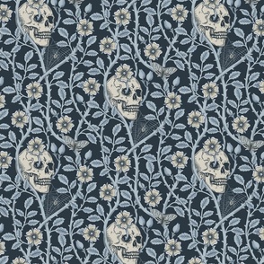 Skulls and climbing rose vines  - block print style, gothic, spooky - monochrome blue and neutral  on dark slate blue - medium