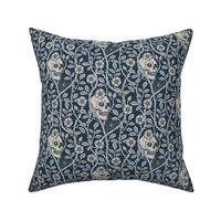 Skulls and climbing rose vines  - block print style, gothic, spooky - monochrome blue and neutral  on dark slate blue  - small