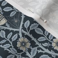 Skulls and climbing rose vines  - block print style, gothic, spooky - monochrome blue and neutral  on dark slate blue  - small