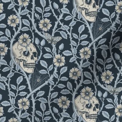 Skulls and climbing rose vines  - block print style, gothic, spooky - monochrome blue and neutral  on dark slate blue  - small