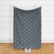 Skulls and climbing rose vines  - block print style, gothic, spooky - monochrome blue and neutral  on dark slate blue  - small