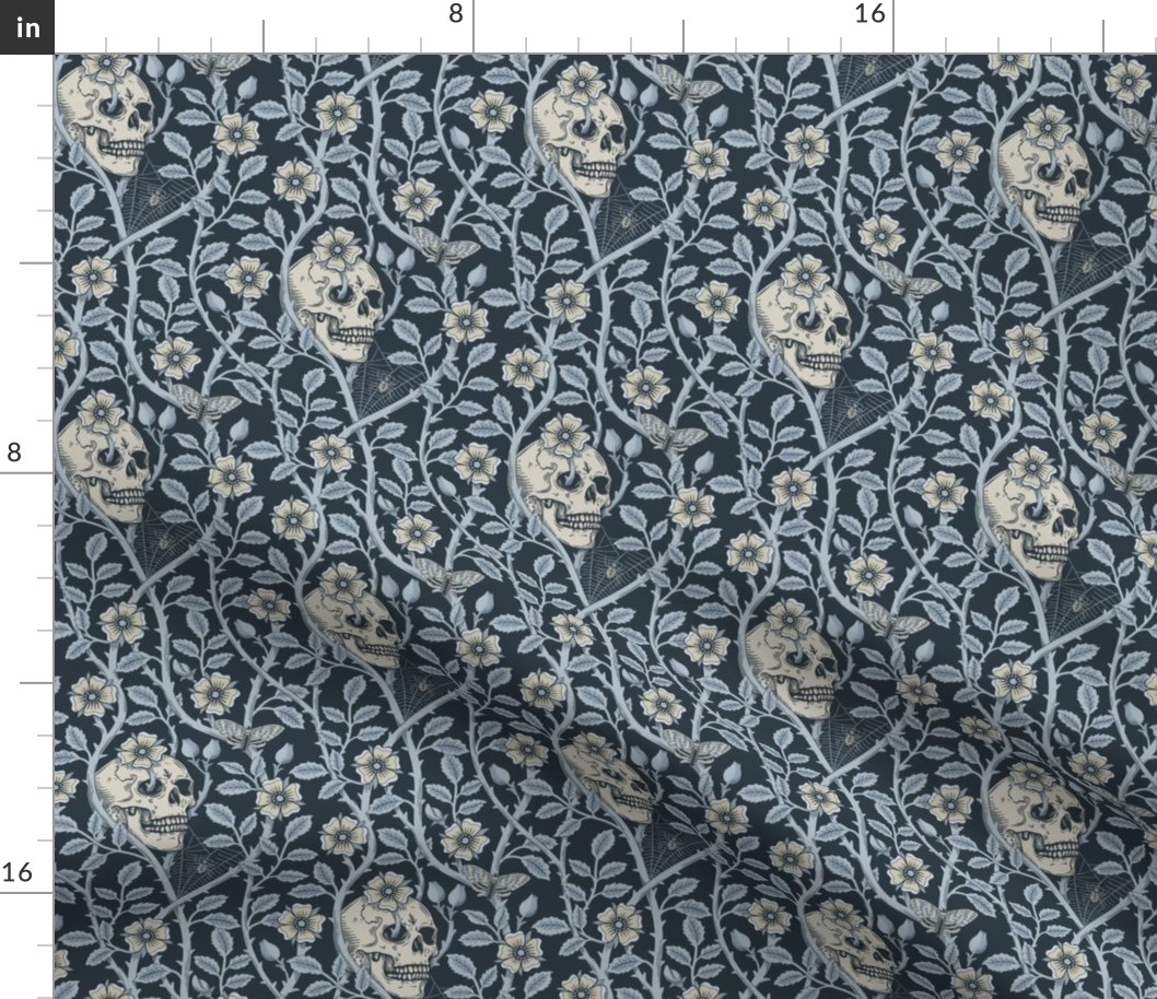 Skulls and climbing rose vines  - block print style, gothic, spooky - monochrome blue and neutral  on dark slate blue  - small