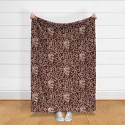 Skulls and climbing rose vines  - block print style, gothic, spooky - monochrome mahogany, warm red-brown - extra large