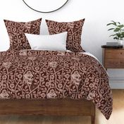 Skulls and climbing rose vines  - block print style, gothic, spooky - monochrome mahogany, warm red-brown - extra large