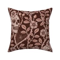 Skulls and climbing rose vines  - block print style, gothic, spooky - monochrome mahogany, warm red-brown - extra large