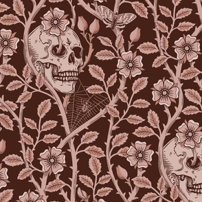 Skulls and climbing rose vines  - block print style, gothic, spooky - monochrome mahogany, warm red-brown - extra large