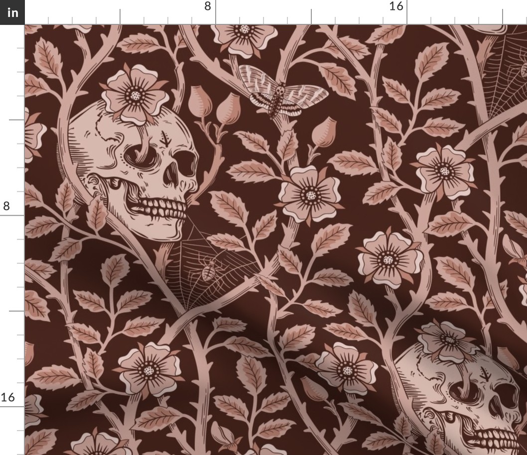 Skulls and climbing rose vines  - block print style, gothic, spooky - monochrome mahogany, warm red-brown - extra large