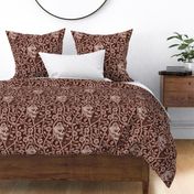 Skulls and climbing rose vines  - block print style, gothic, spooky - monochrome mahogany, warm red-brown - large