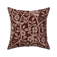 Skulls and climbing rose vines  - block print style, gothic, spooky - monochrome mahogany, warm red-brown - large