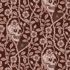 Skulls and climbing rose vines  - block print style, gothic, spooky - monochrome mahogany, warm red-brown - large