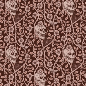 Skulls and climbing rose vines  -block print style, gothic, spooky - monochrome mahogany, warm red-brown - medium