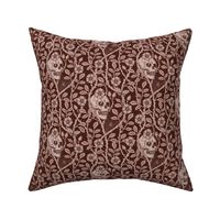 Skulls and climbing rose vines  - block print style, gothic, spooky - monochrome mahogany, warm red-brown - small