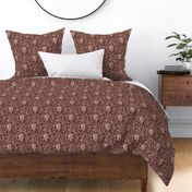 Skulls and climbing rose vines  - block print style, gothic, spooky - monochrome mahogany, warm red-brown - small