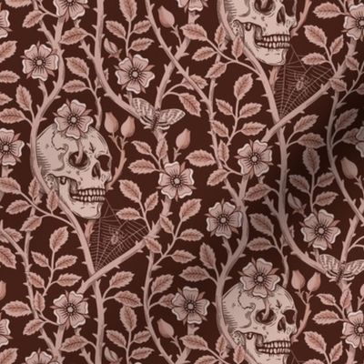 Skulls and climbing rose vines  - block print style, gothic, spooky - monochrome mahogany, warm red-brown - small