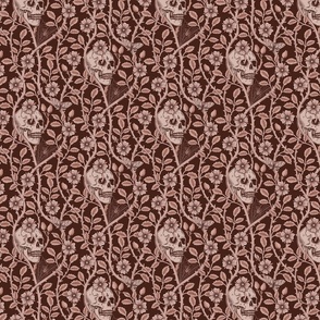 Skulls and climbing rose vines  - block print style, gothic, spooky - monochrome mahogany, warm red-brown - small