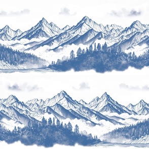 mountain range with snow capped peaks, fog and forest blue toile