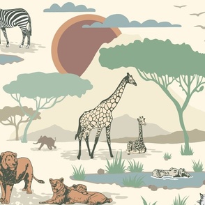 African Safari Neutrals Large - wild animal print, lions, zebras, giraffes, hippos, elephants, wallpaper, library, nursery,