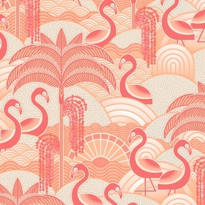 Flamingo Beach- Pantone Color of the Year 2024- Peach- Salmon- Soft Pastel Orange- Coral- Blush- Palm Trees- Tropical Birds Wallpaper- Florida Summer- Large