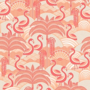 Flamingo Beach- Pantone Color of the Year 2024- Peach- Salmon- Soft Pastel Orange- Coral- Blush- Palm Trees- Tropical Birds Wallpaper- Florida Summer- Medium