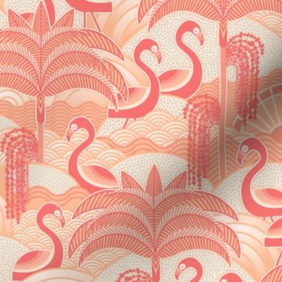 Flamingo Beach- Pantone Color of the Year 2024- Peach- Salmon- Soft Pastel Orange- Coral- Blush- Palm Trees- Tropical Birds Wallpaper- Florida Summer- Small