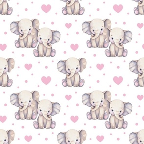 Watercolor Cute Safari Animals Elephant Pink Hearts Baby Girl Nursery 