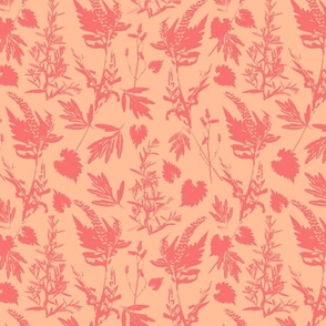 Large scale traditional botanical print with flowers, plants, leaves and wild rosemary  in peach and orange red.