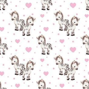 Watercolor Cute Safari Animals Zebra Pink Hearts Baby Girl Nursery
