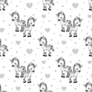 Watercolor Safari Animals Zebra Gray Hearts Baby Nursery