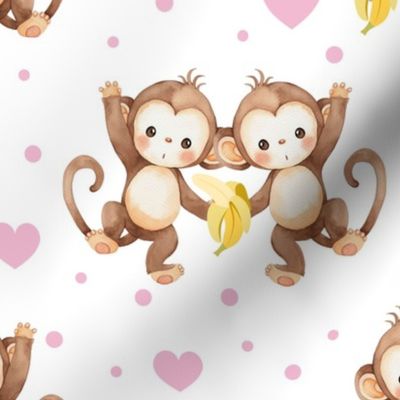 Watercolor Safari Animals Monkeys Pink Hearts Baby Girl Nursery 