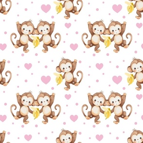 Watercolor Safari Animals Monkeys Pink Hearts Baby Girl Nursery 