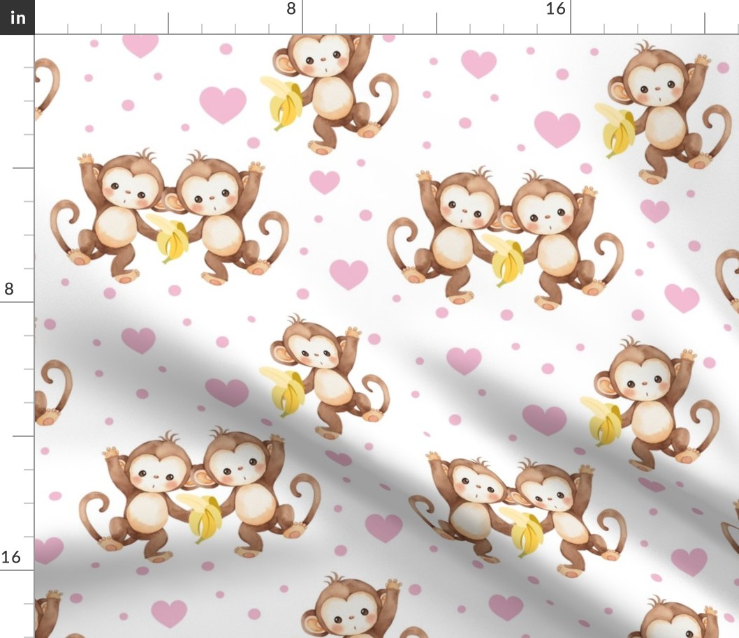 Watercolor Safari Animals Monkeys Pink Hearts Baby Girl Nursery 